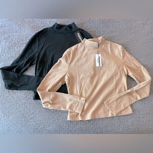 NWT BUNDLE Long Sleeve Mock TurtleNeck Tops Black & Tan/Nude size large cropped